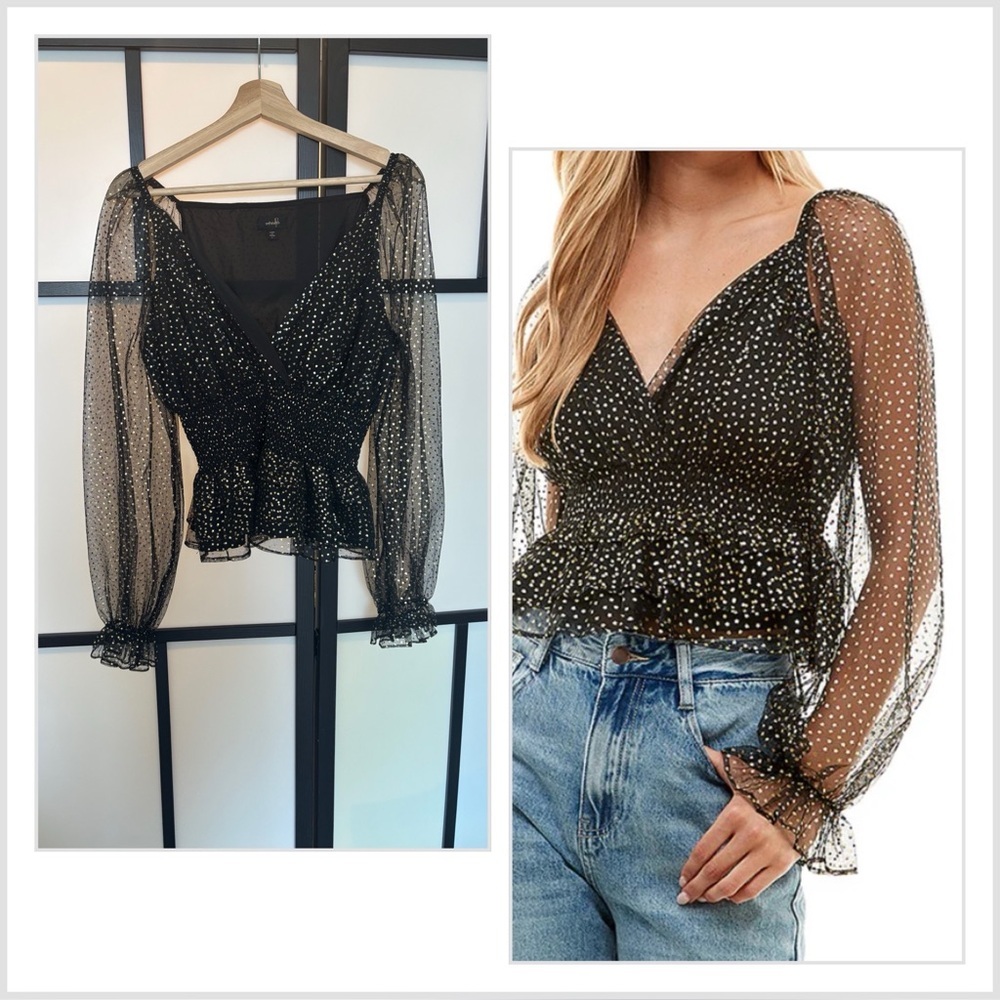 Ontwelfth black top sheer sleeve star print. Black womens Large boho festival